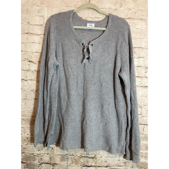 Old Navy Sweater Womens XL Gray Lace Up Neck Pullover Ribbed Knit Cotton Relaxed - Picture 1 of 13